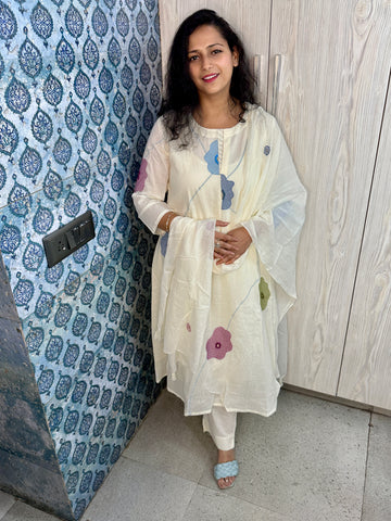 Mul Cotton Embroidered 3-Piece Suit with Resham Buta Dupatta