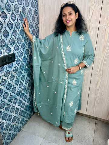 Teal Blue 3-Piece Suit with Broad Resham Buta & Rich Dupatta