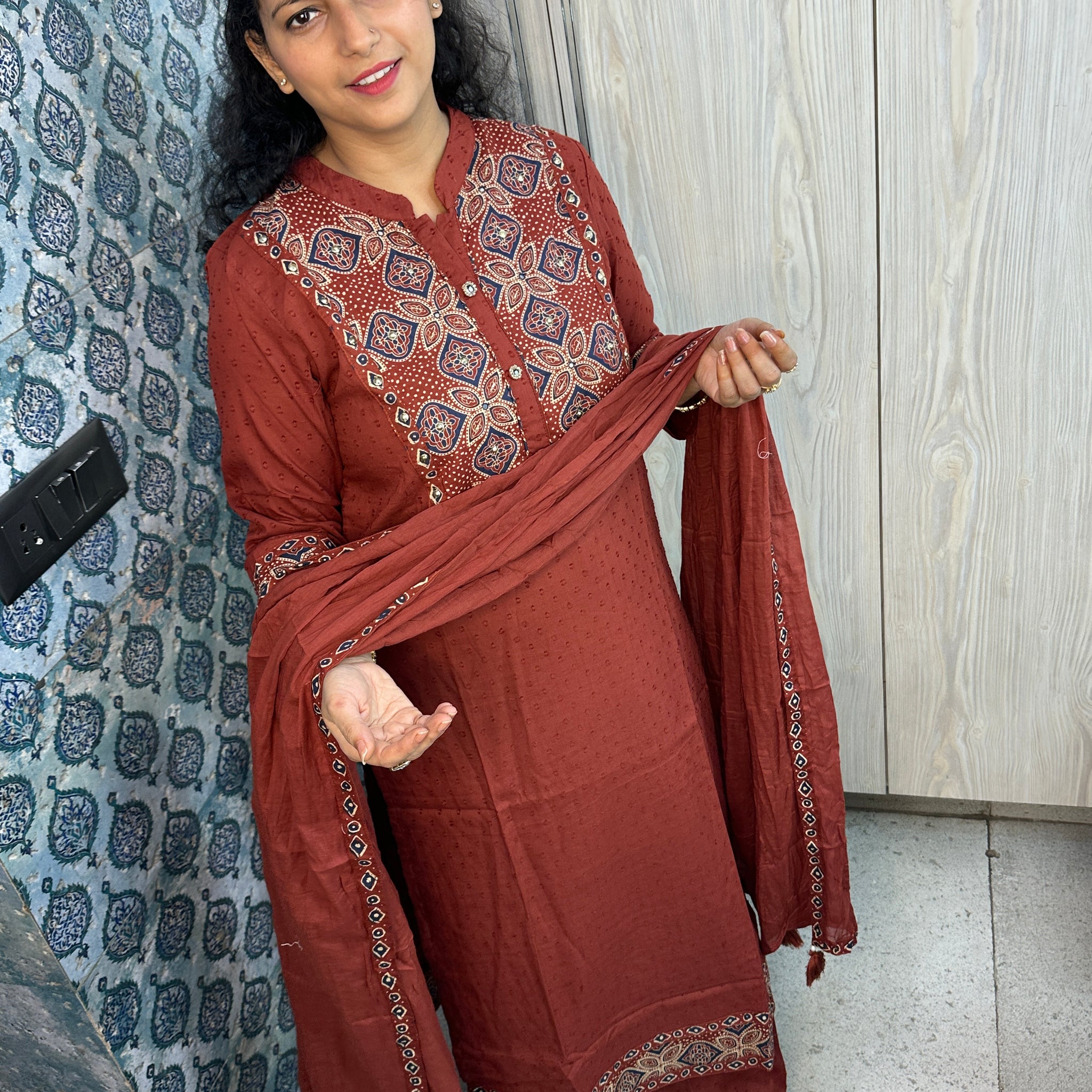 Rust Hand Block Cotton Buta Suit Set – 3 Piece