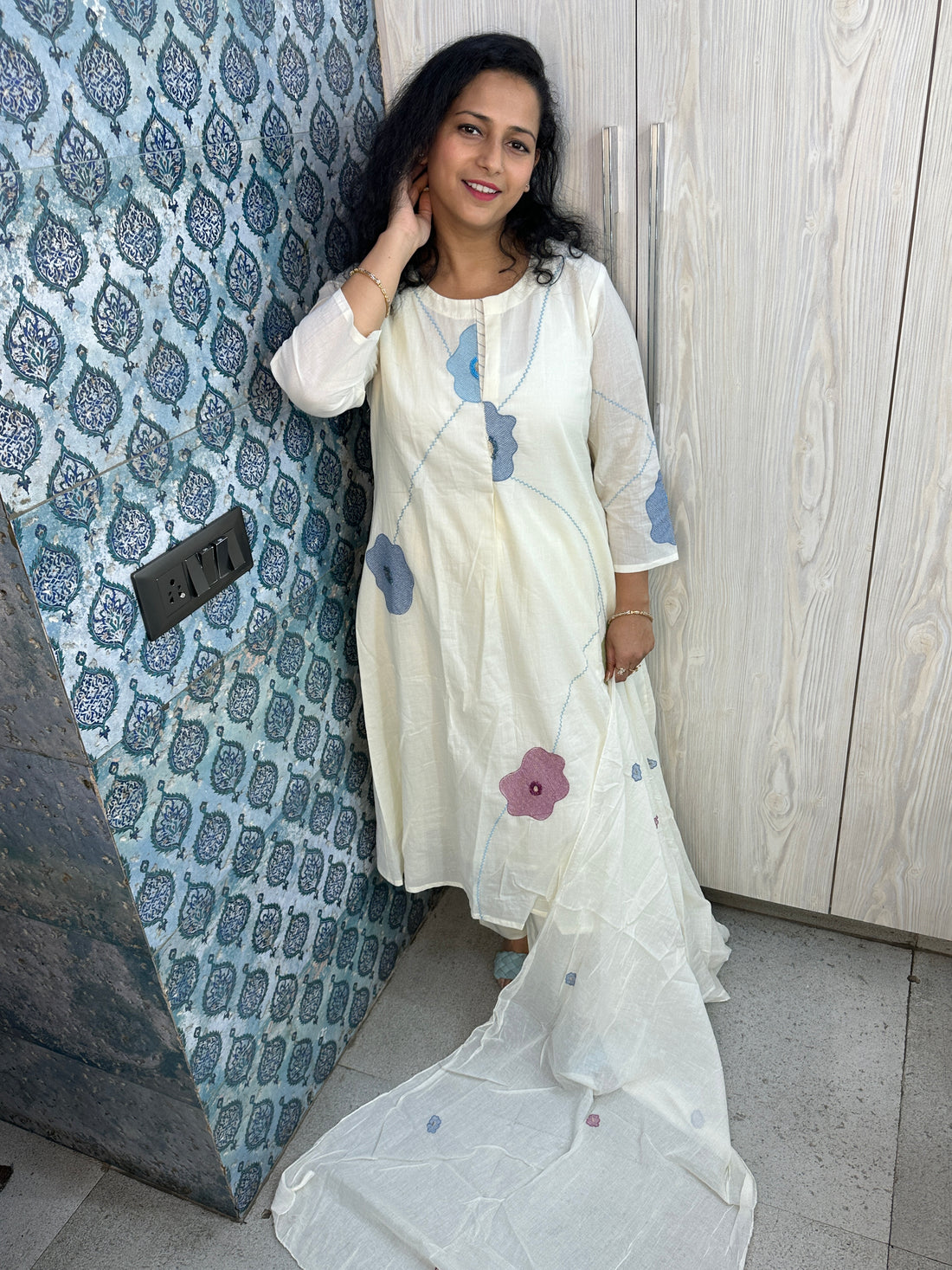 Mul Cotton Embroidered 3-Piece Suit with Resham Buta Dupatta