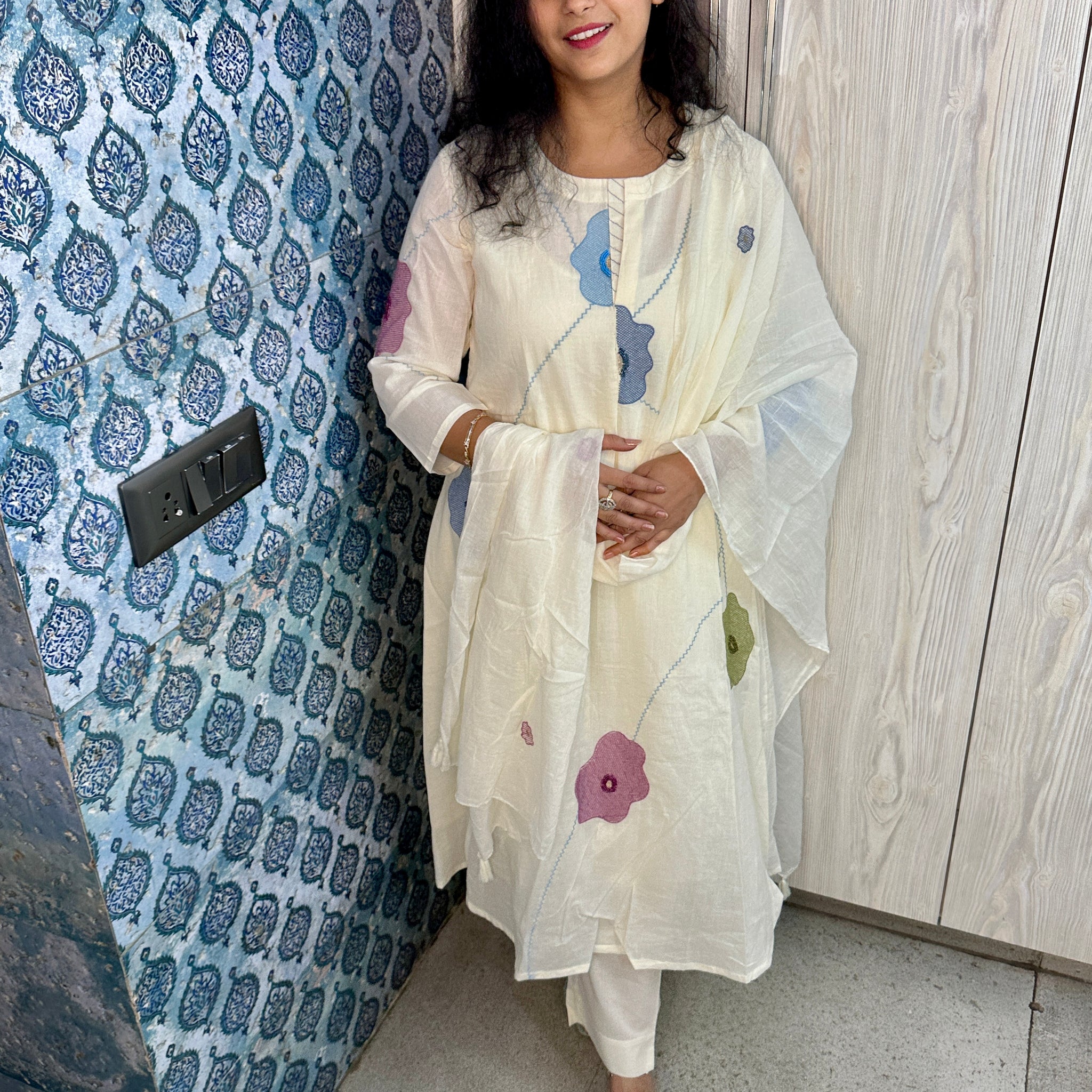 Mul Cotton Embroidered 3-Piece Suit with Resham Buta Dupatta