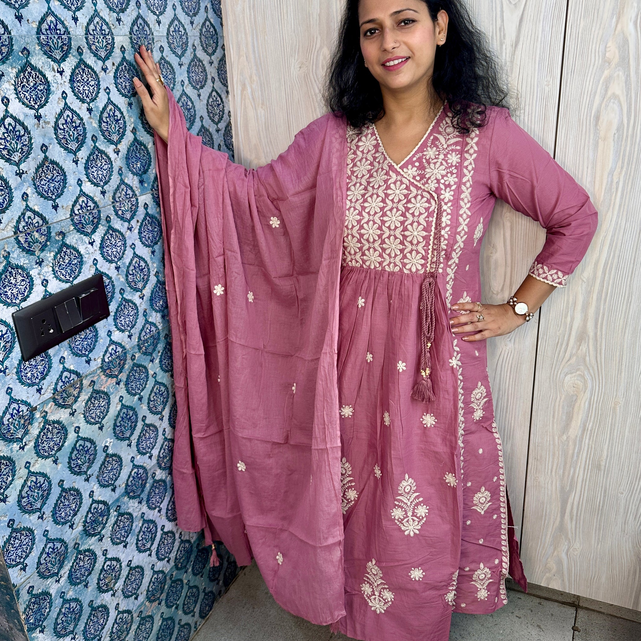 Onion Colour Angrakha 3-Piece Suit with Heavy Resham Embroidery & Tassel Detailing