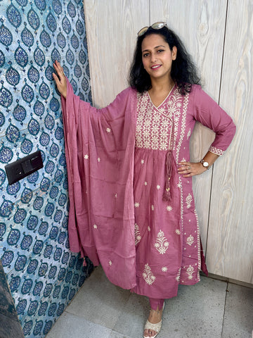 Onion Colour Angrakha 3-Piece Suit with Heavy Resham Embroidery & Tassel Detailing