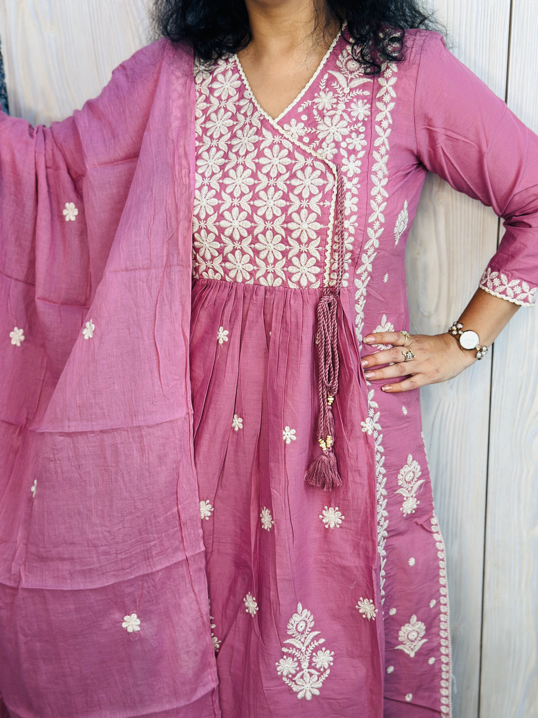 Onion Colour Angrakha 3-Piece Suit with Heavy Resham Embroidery & Tassel Detailing