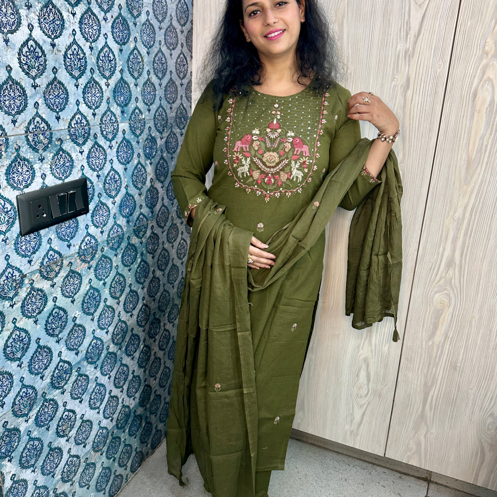 Mehndi Green 3-Piece Suit with Rich Resham & Persian Embroidery