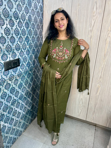 Mehndi Green 3-Piece Suit with Rich Resham & Persian Embroidery