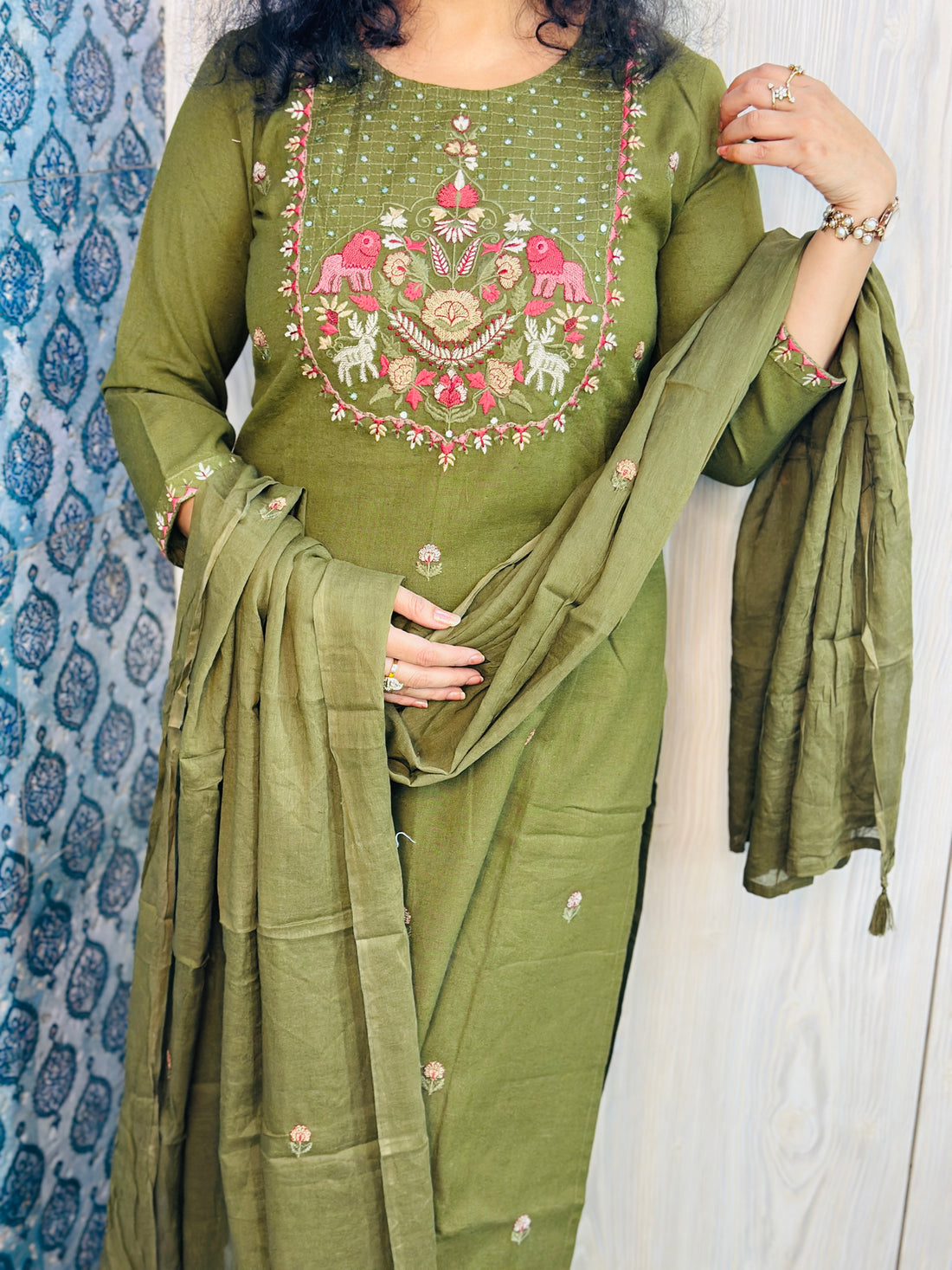 Mehndi Green 3-Piece Suit with Rich Resham & Persian Embroidery