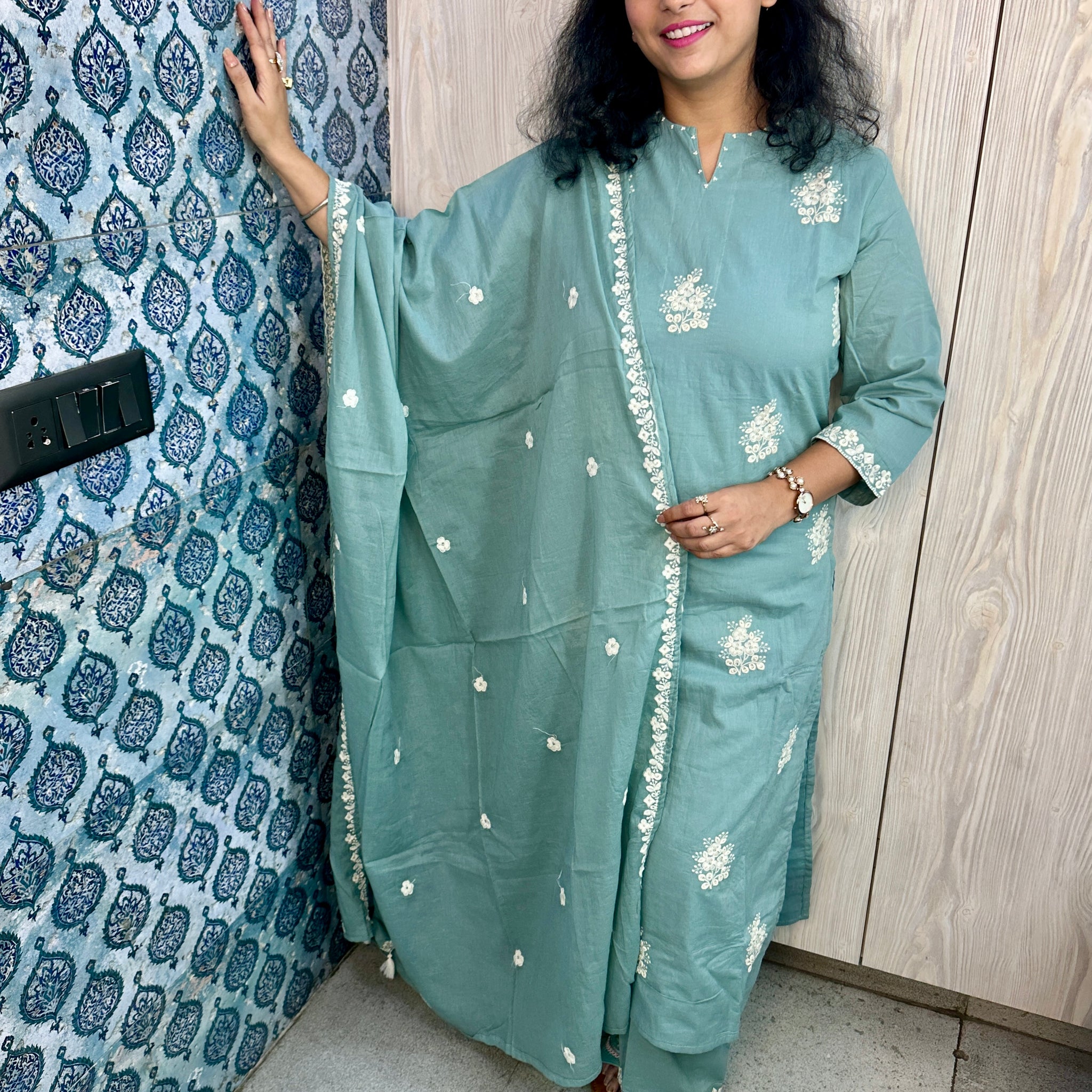 Teal Blue 3-Piece Suit with Broad Resham Buta & Rich Dupatta