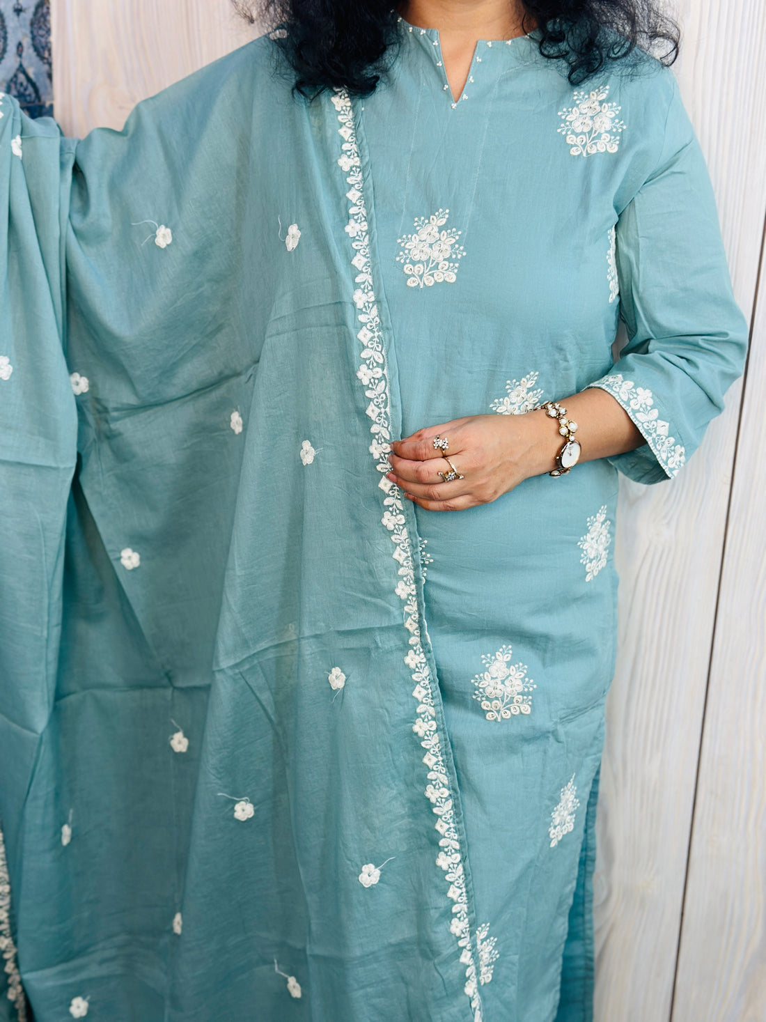 Teal Blue 3-Piece Suit with Broad Resham Buta & Rich Dupatta