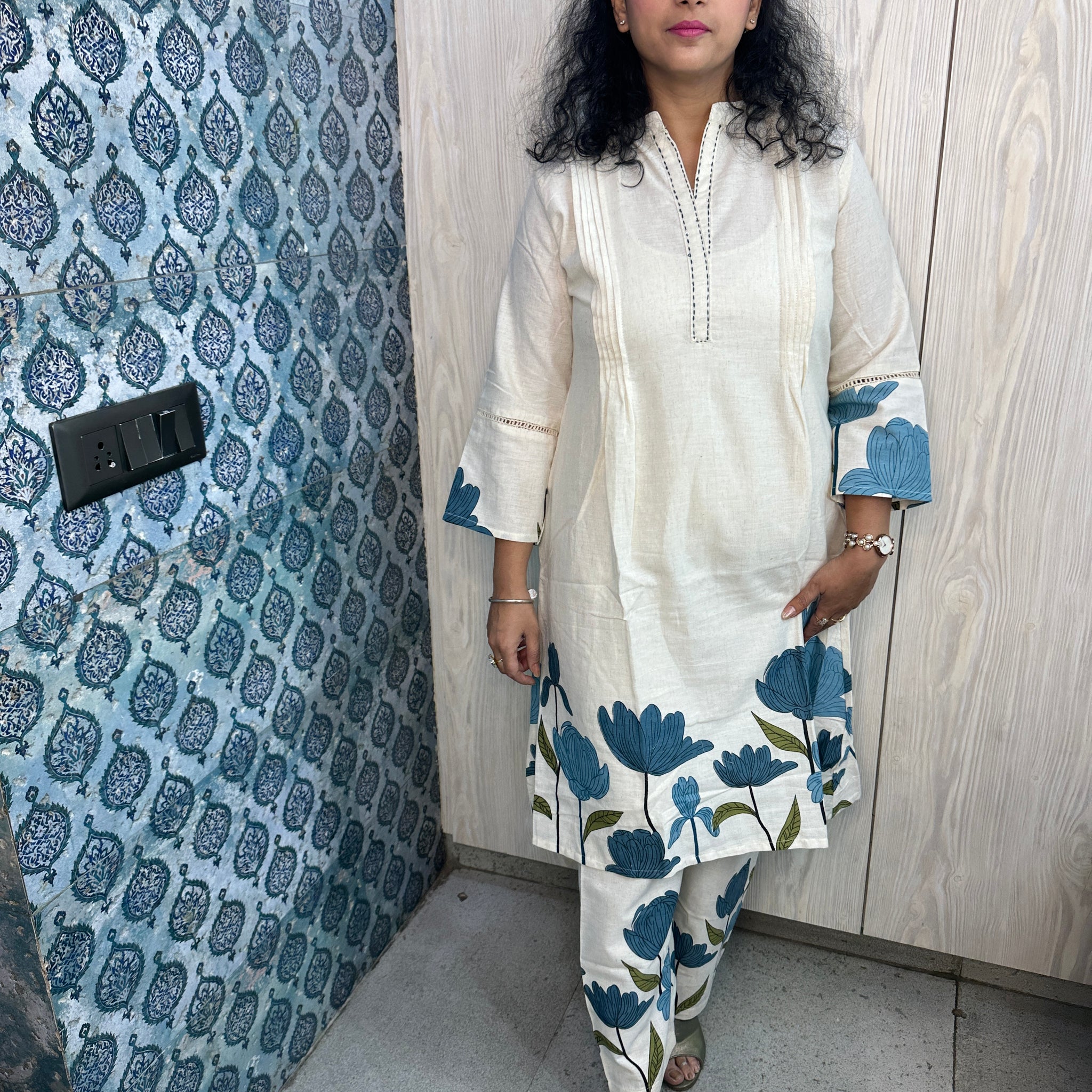 Organic Flex Cotton 2-Piece Suit with Katha Detailing & Floral Print