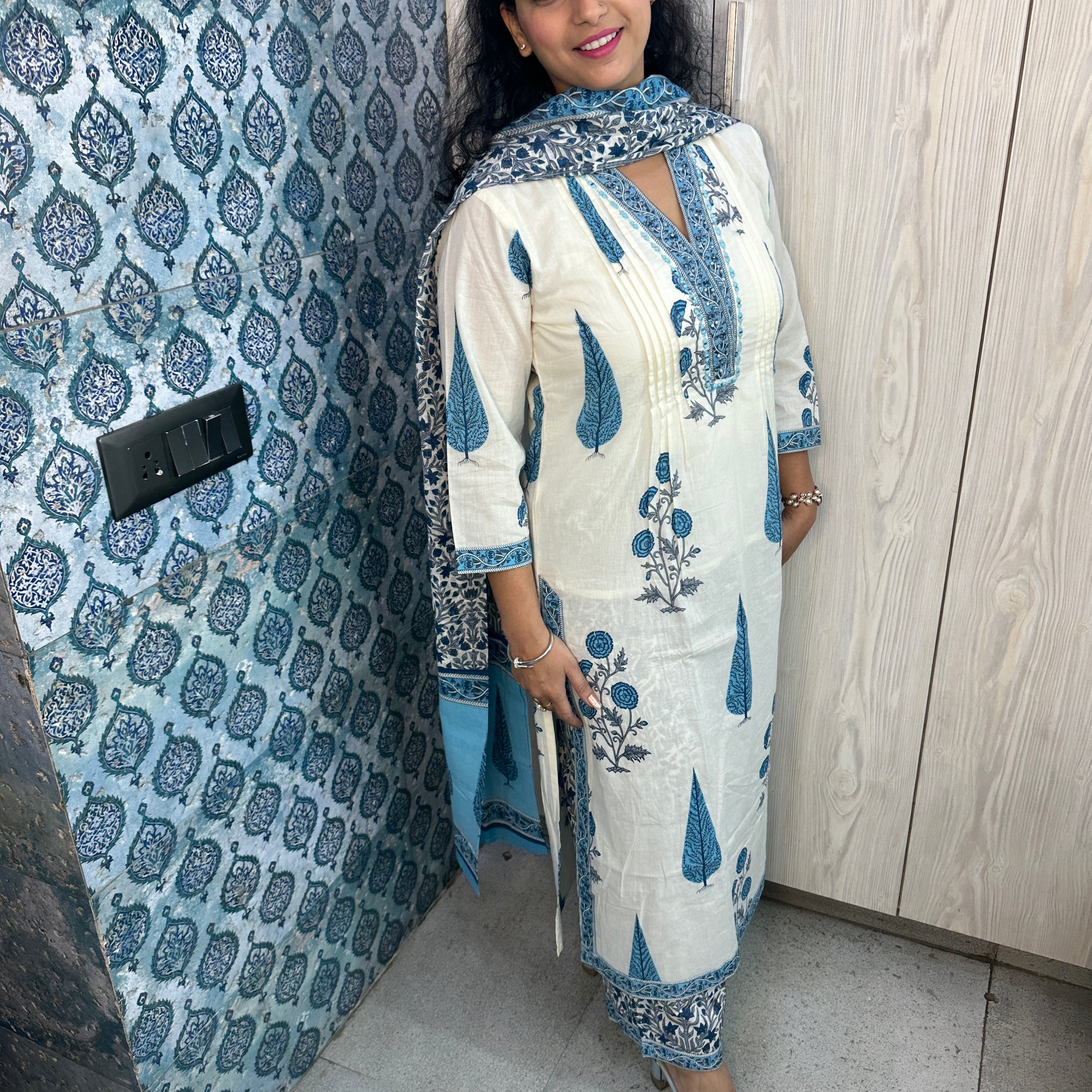 Off-White Handblock Printed 3-Piece Suit with Pinstripe Kurta