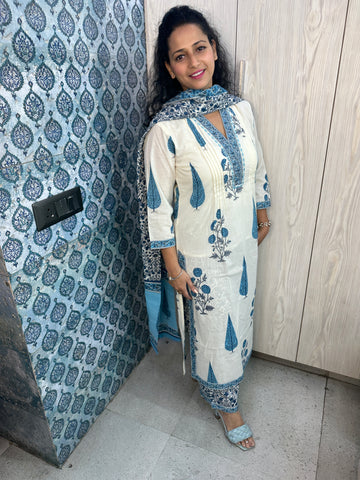 Off-White Handblock Printed 3-Piece Suit with Pinstripe Kurta