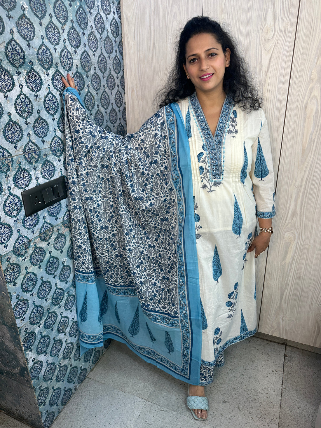 Off-White Handblock Printed 3-Piece Suit with Pinstripe Kurta