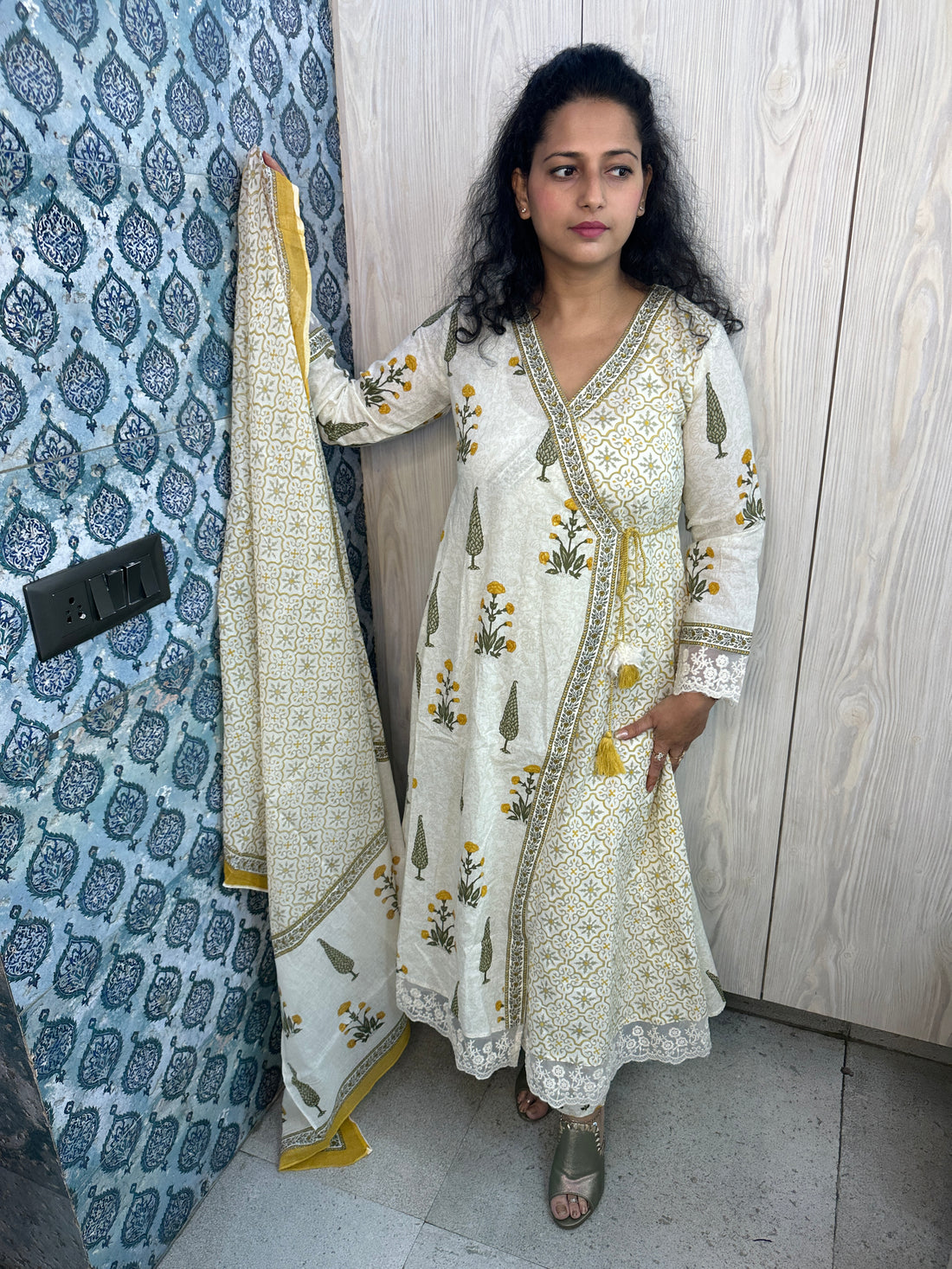 White Angrakha-Style 3-Piece Suit with Discharge & Block Print Floral Design