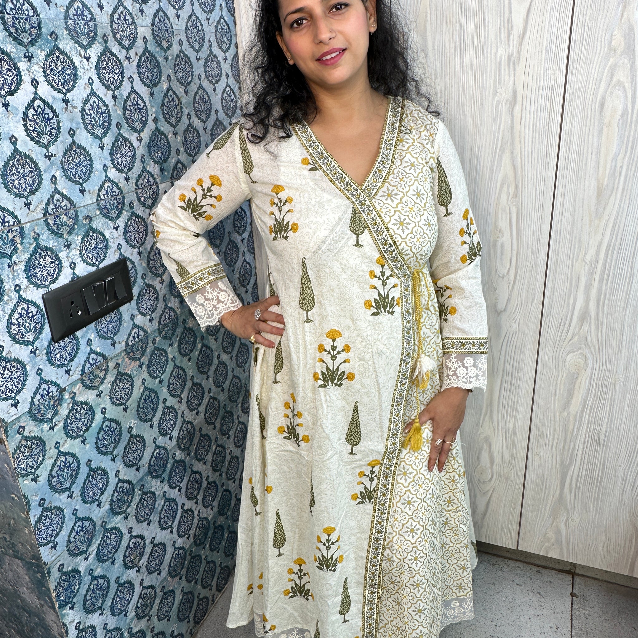White Angrakha-Style 3-Piece Suit with Discharge & Block Print Floral Design