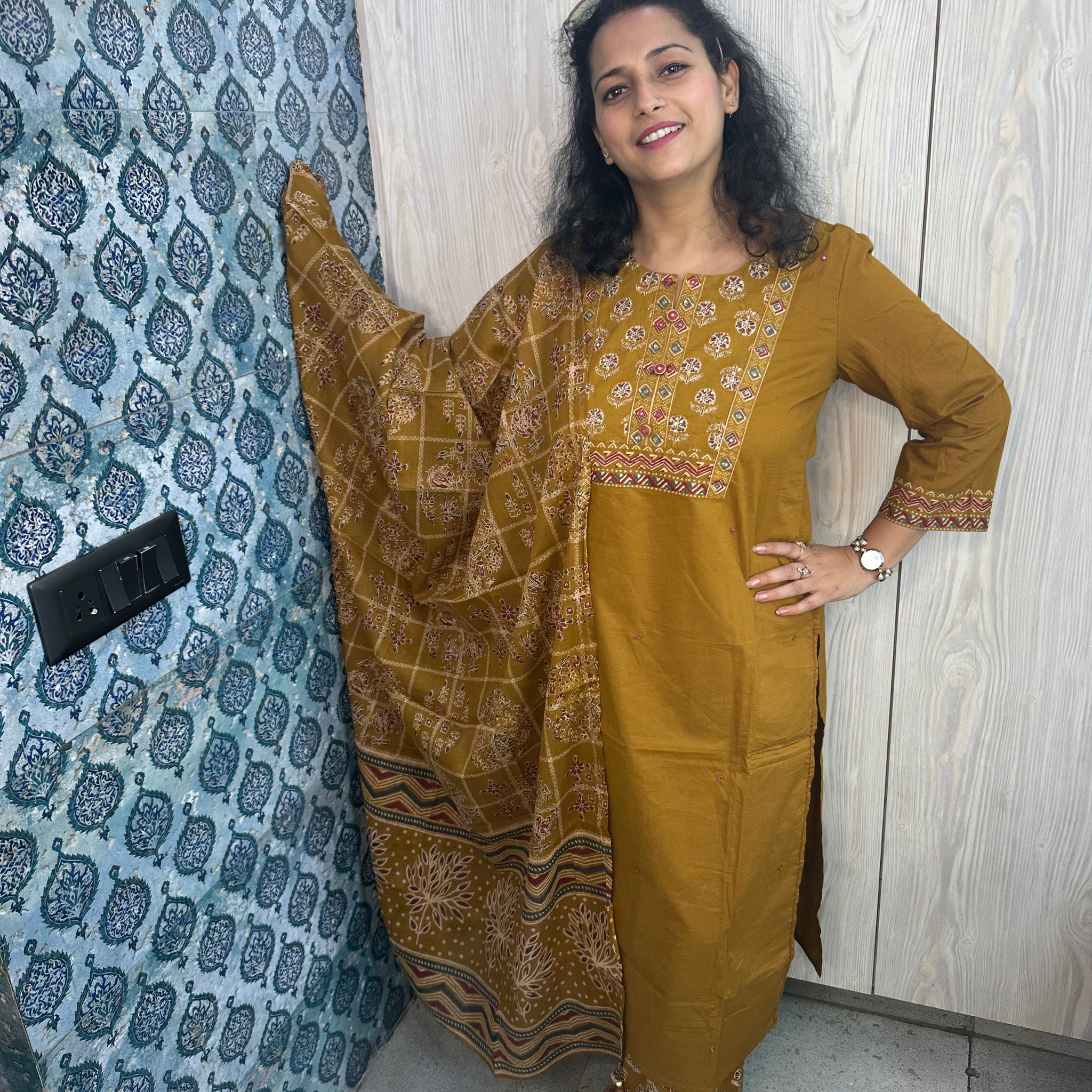 Dark Mustard 3-Piece Suit with Hand Print, Resham & Sequin Embellishments