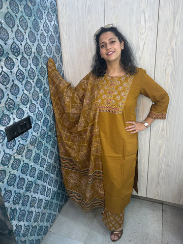 Dark Mustard 3-Piece Suit with Hand Print, Resham & Sequin Embellishments