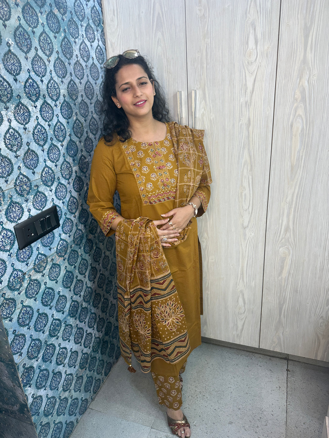 Dark Mustard 3-Piece Suit with Hand Print, Resham & Sequin Embellishments