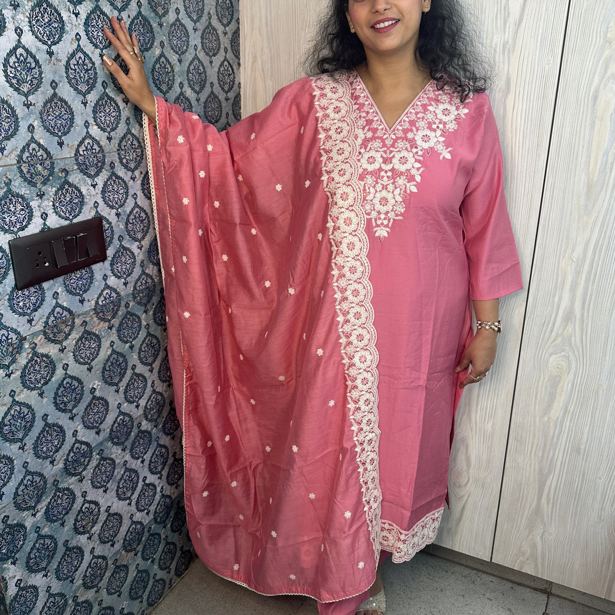 Pink Mulal Party Wear 3-Piece Suit with Rich Resham & Sequin Embroidery