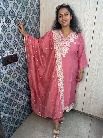 Pink Mulal Party Wear 3-Piece Suit with Rich Resham & Sequin Embroidery