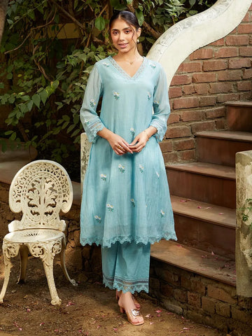 Powder Blue Embroidered Chanderi Kurta with Pants- Set of 2