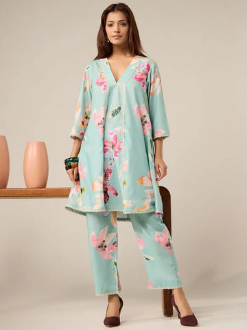 Mint Green Printed Cotton Kurta with Pants- Set of 2