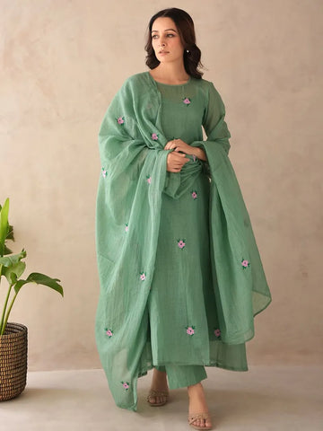 Mint Green Embroidered Kota Doria Suit- Set of 3