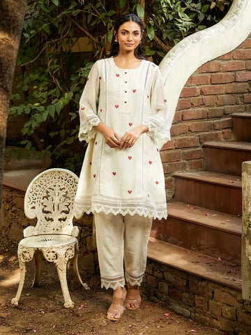 Ivory Embroidered Chanderi Kurta with Pants- Set of 2